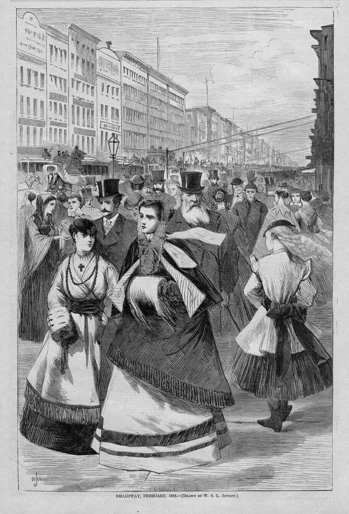 BROADWAY IN 1868, HORSES CARRIAGES, WOMEN, GENTLEMEN FASHION, BUSY CITY STREET