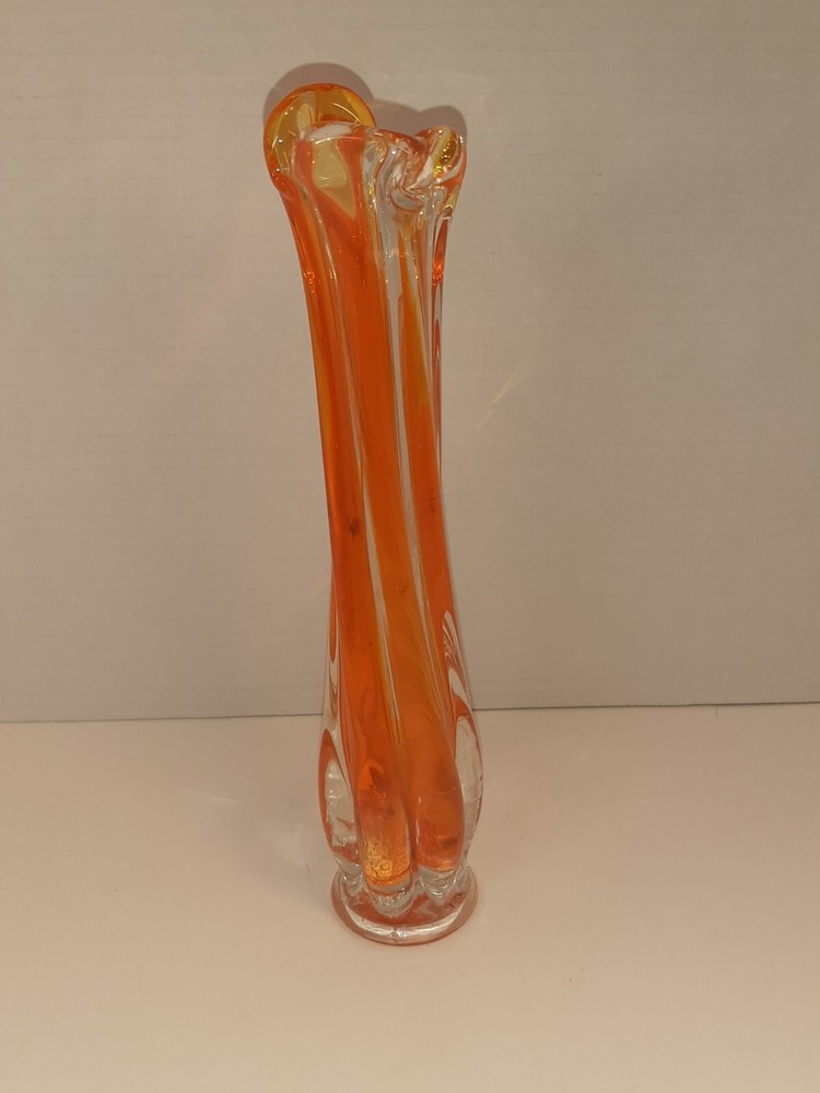 Vintage Stretch Swung 3 Finger Art Glass Bud Vase Orange and Clear 9