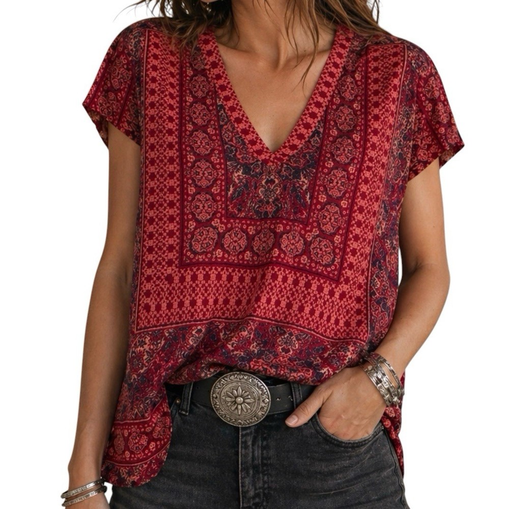 Lucky Brand Red Boho Geometric V Neck Linen Blend Top M Short Sleeve Relaxed