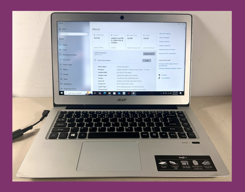 Acer Swift 3 SF314 i5-7200U 8GB RAM 238GB SSD Win10 Pro Laptop-image