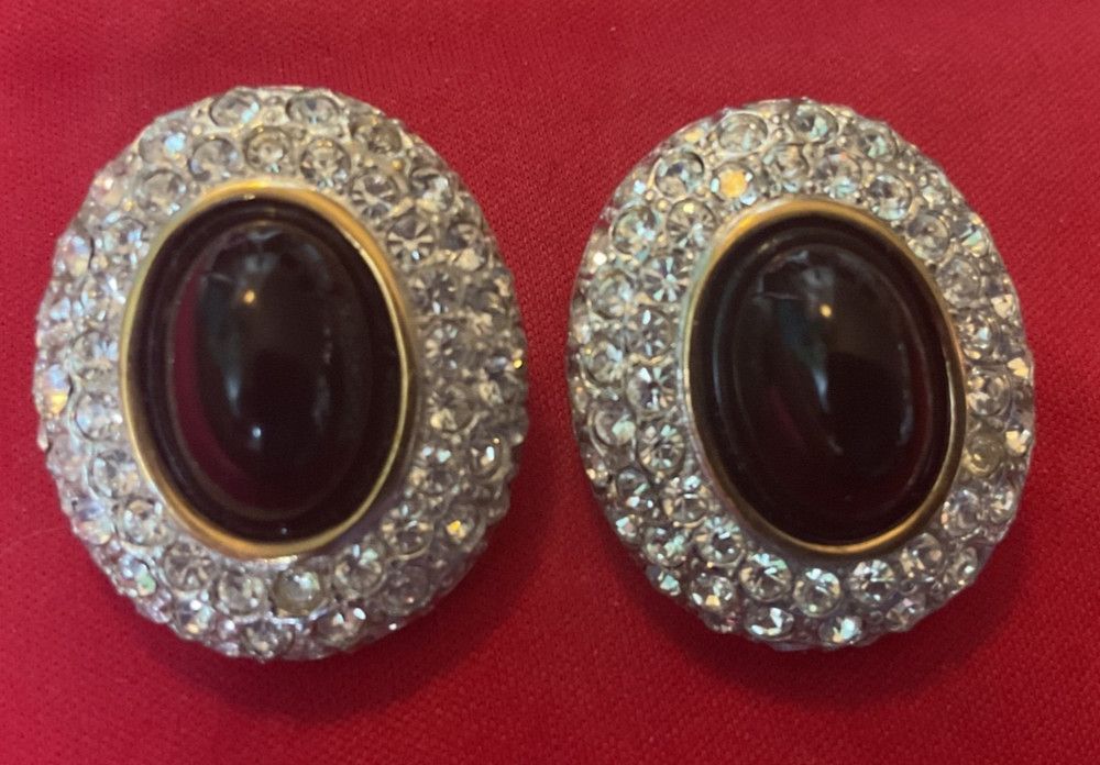 Vintage JL Aldenkamp Faux Black Onyx Cabochon Diamante Rhinestone Earrings