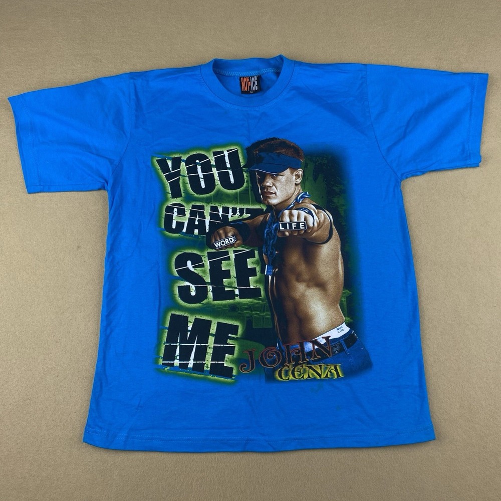 Vintage John Cena T SHIRT Men's Medium WWE Wrestling Graphic Spell Out Y2K Blue
