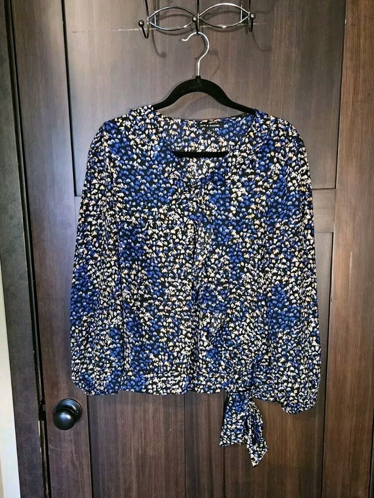 EUC Women's Zac & Rachel Faux Wrap Ruffle Chiffon LS Top Blouse Size Large