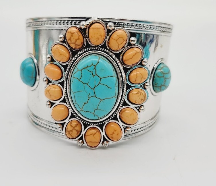 Peach & Turquoise CUFF Bracelet Colored Dyed Stone WIDE Statement Silver Tone
