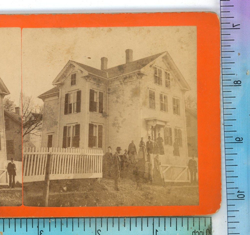 Group outside Home near Whitinsville MA A.A. Bates Stereoview