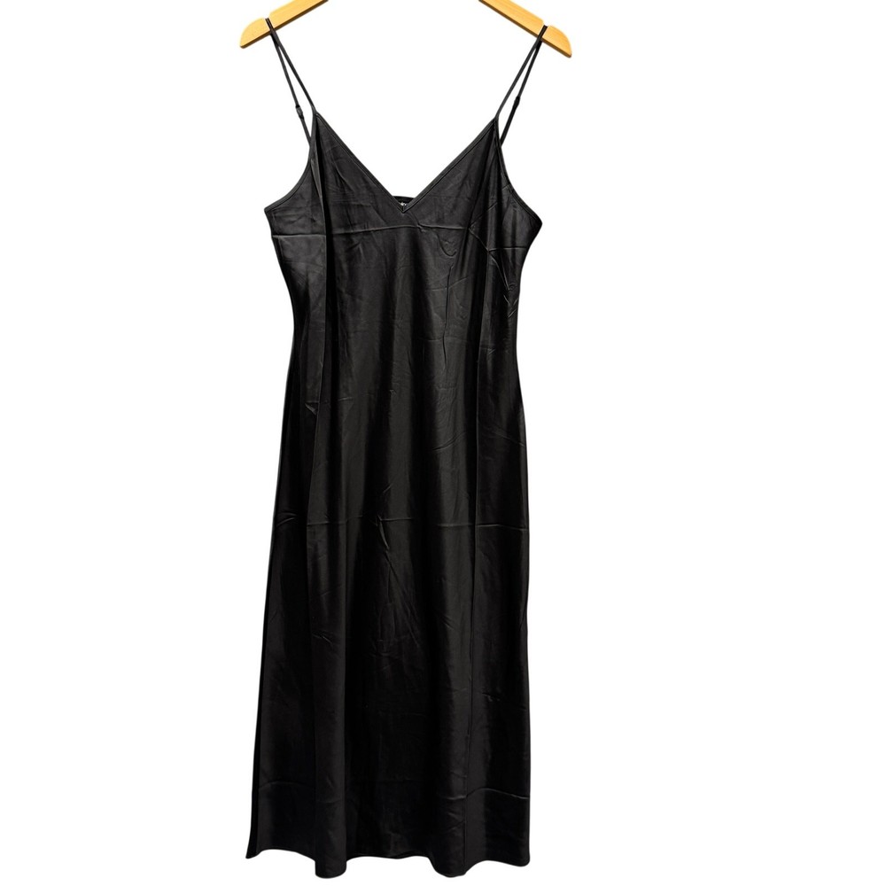 Quince Silk Slip Dress Black Midi Satin Finish Womens Large Minimalist Luxury