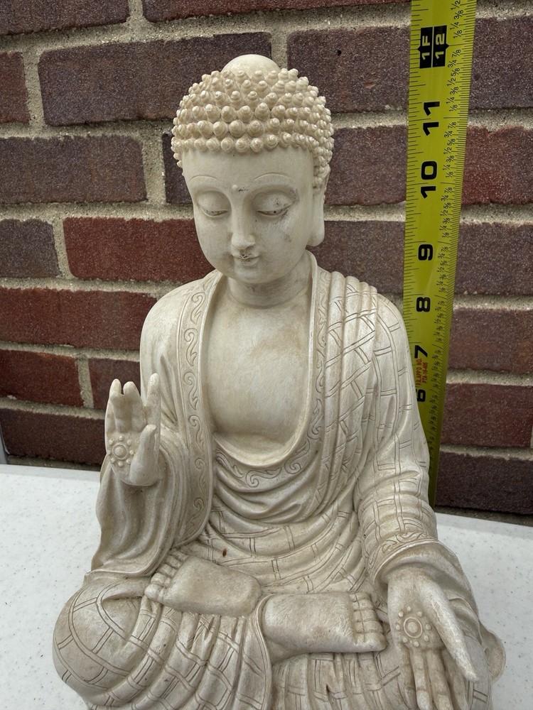 Vintage Style Faux Stone Resin Seated Buddha Statue Vitarka Mudra Lotus Base 12