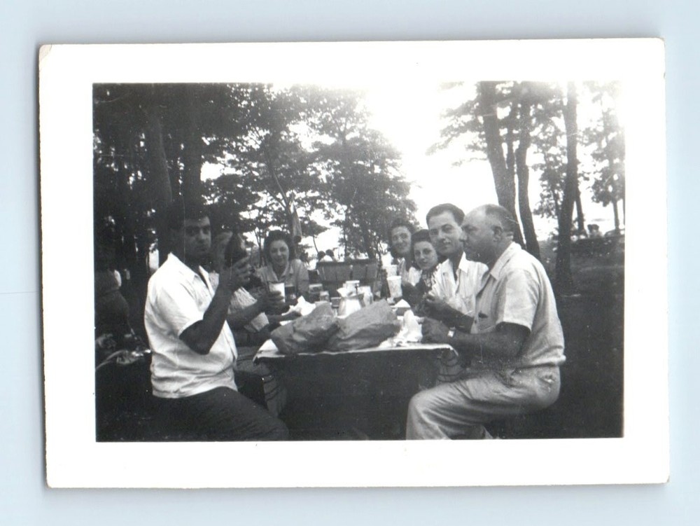 Old Vintage Photo MEN WOMEN SITTING AT PICNIC TABLE IN FOREST SNAPSHOT PIC