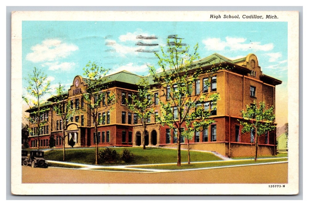 Cadillac Michigan High School Linen Postcard Posted 1950