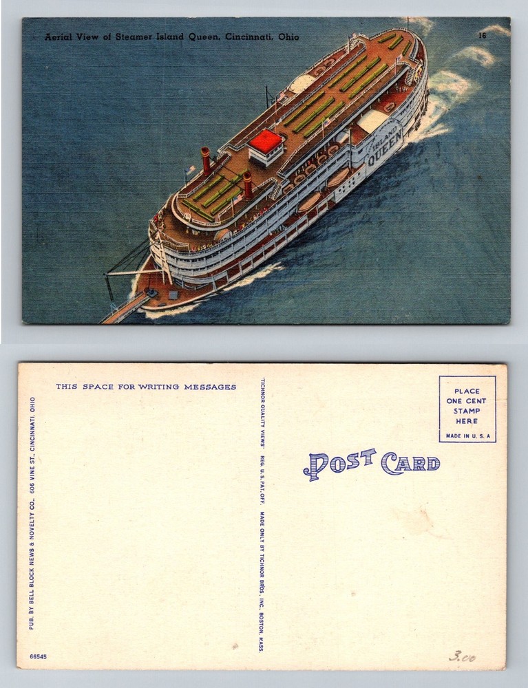 Cincinnati, OH-Ohio, Steamer Island Queen Aerial Riverboat View Vintage Postcard