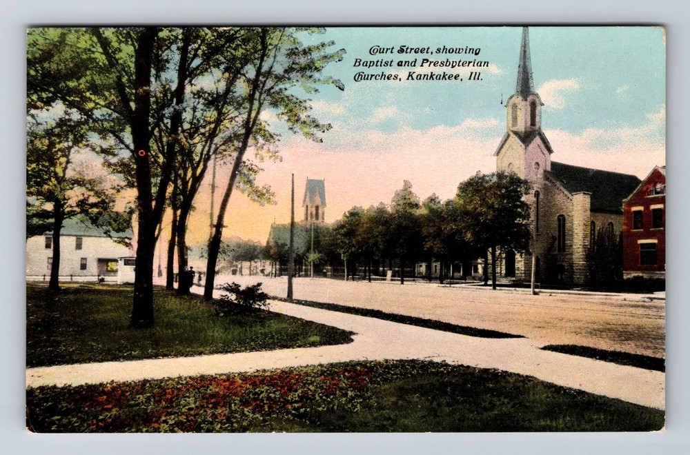Kankakee IL-Illinois Court Street Baptist Presbyterian Churches Vintage Postcard