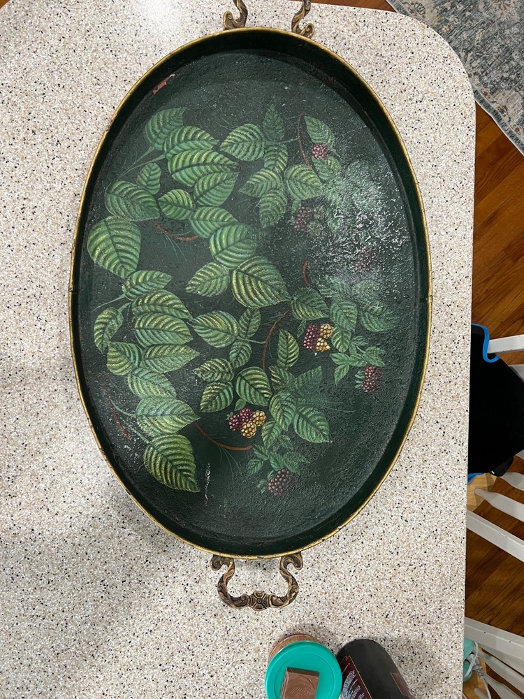 Vtg John Richard Collection hand painted metal tray with brass handles