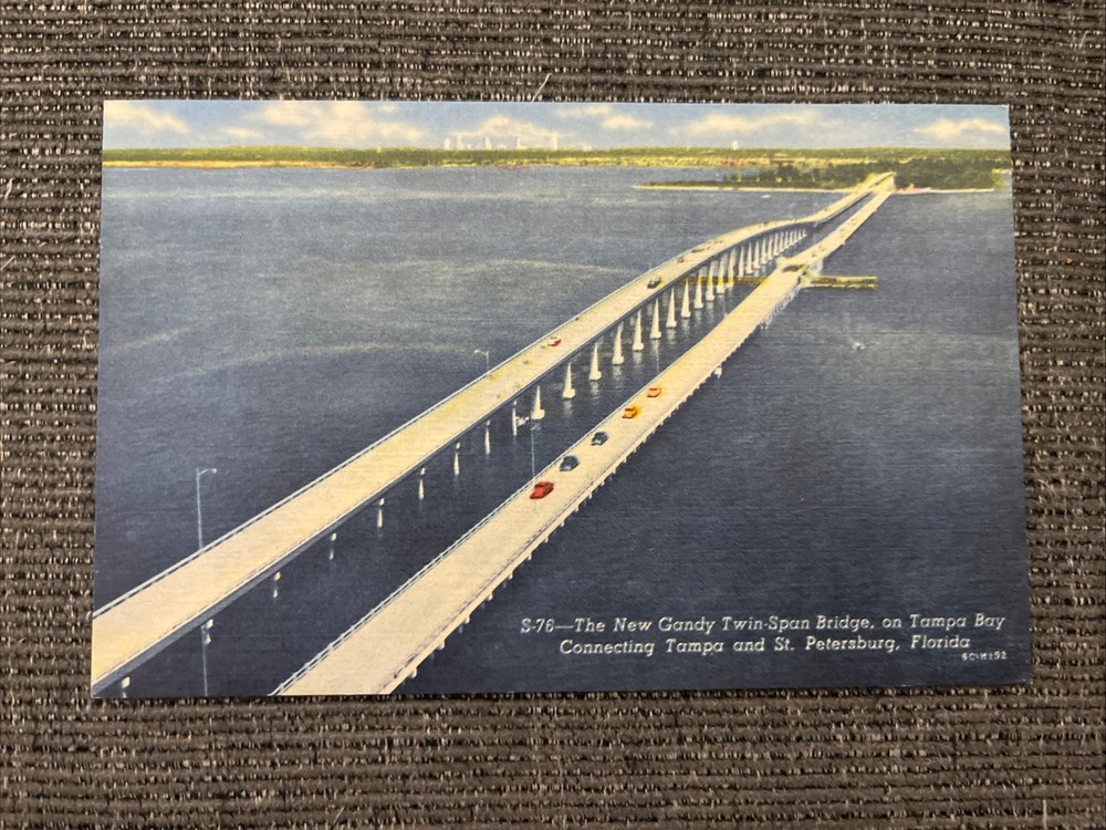 Vintage Linen Postcard St. Petersburg, FL~New Gandy Twin Span Bridge
