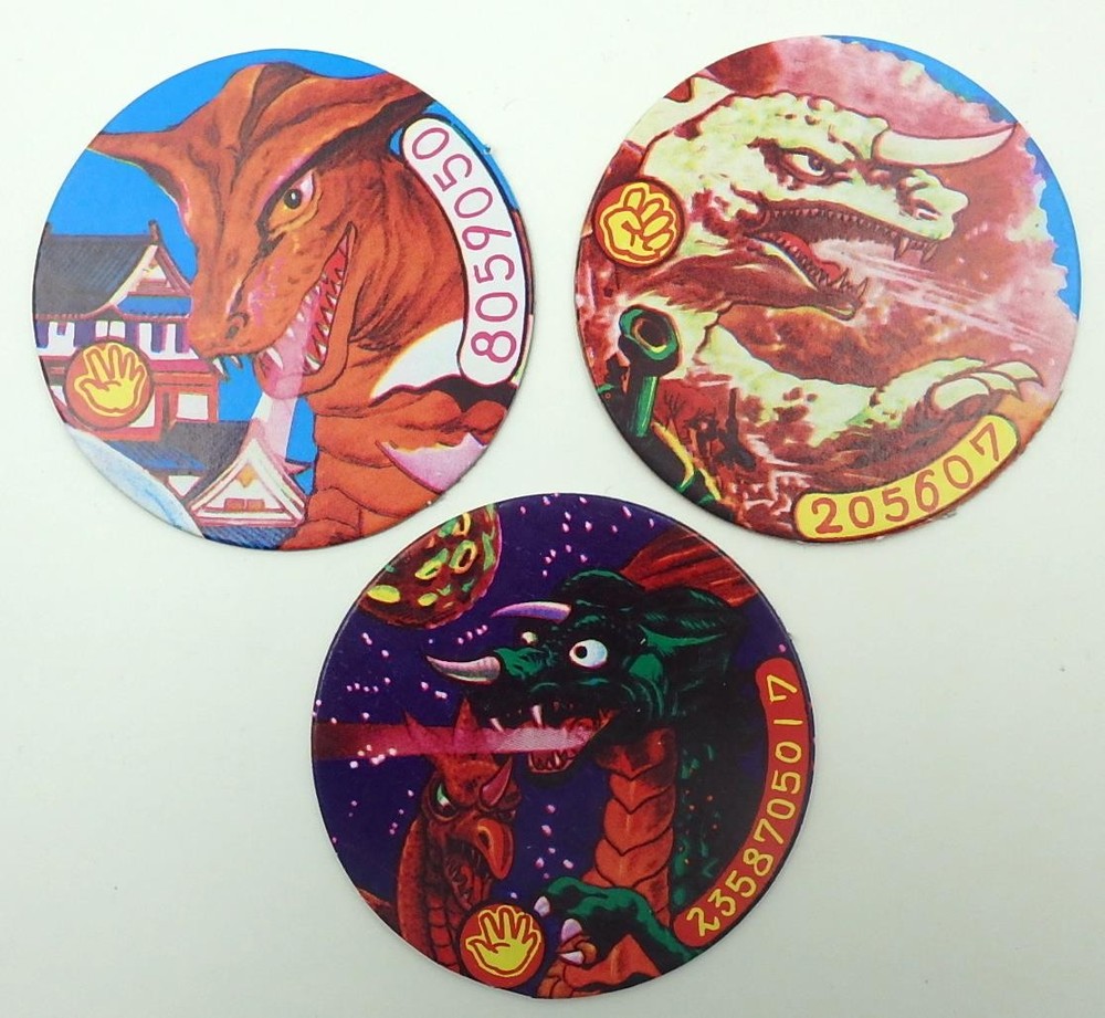 Set of 3 Vintage Japanese Round Menko Card- Kaiju Monsters