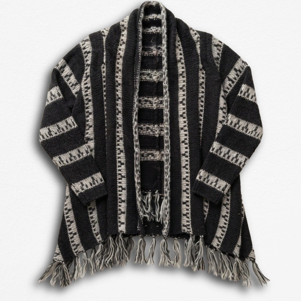 Billabong Womens Black Cream Geometric Fringe Open Front Cardigan Sweater Small