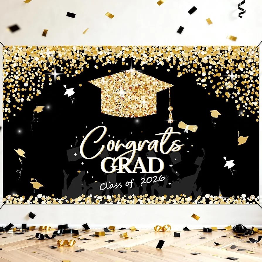 Graduation Decorations 2026  Black and Gold Graduation Backdrop and Congrats ...