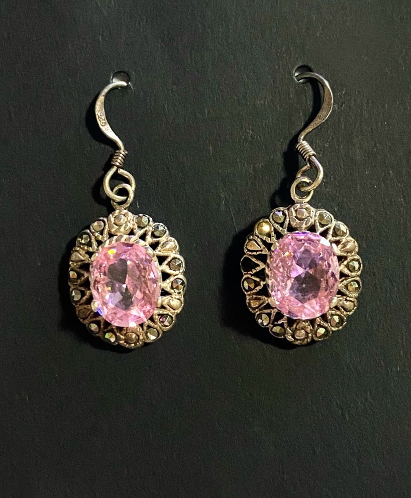 Vintage Sterling Silver 925 & PINK CZ Stone Dangle Drop Fashion Earrings