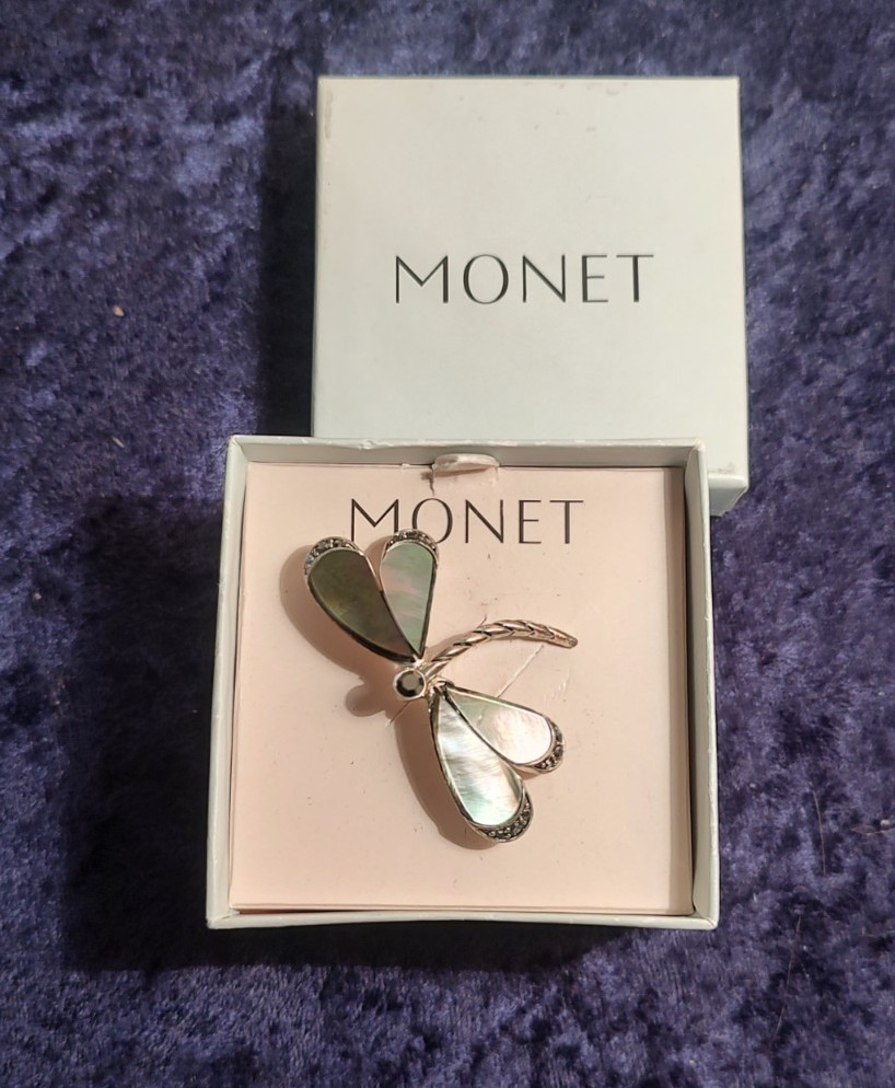 MONET Dragonfly  Brooch MNRU9018 silver-tone w/mother-of-pearl, original box