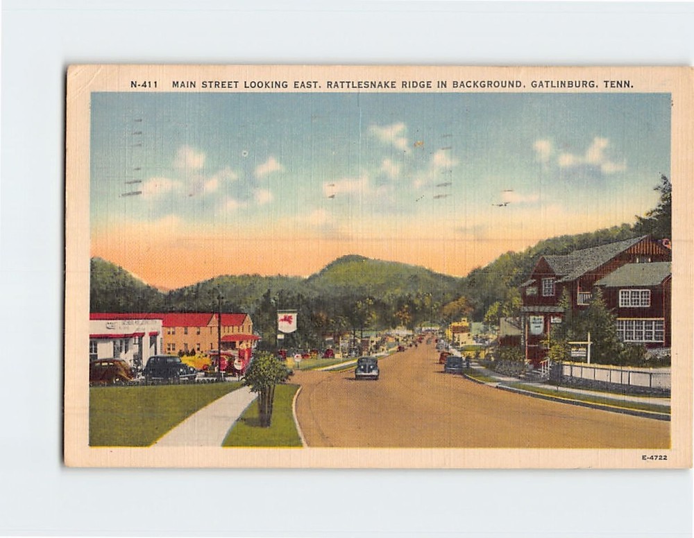 Postcard Main Street Looking East Rattlesnake Ridge Gatlinburg Tennessee USA