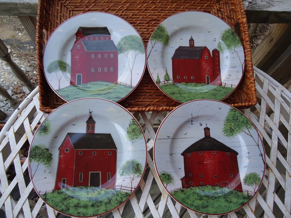 Barns by Sakura Salad Plates Set 4 1998 Country Farm Kitchen Serving Decor 8.25