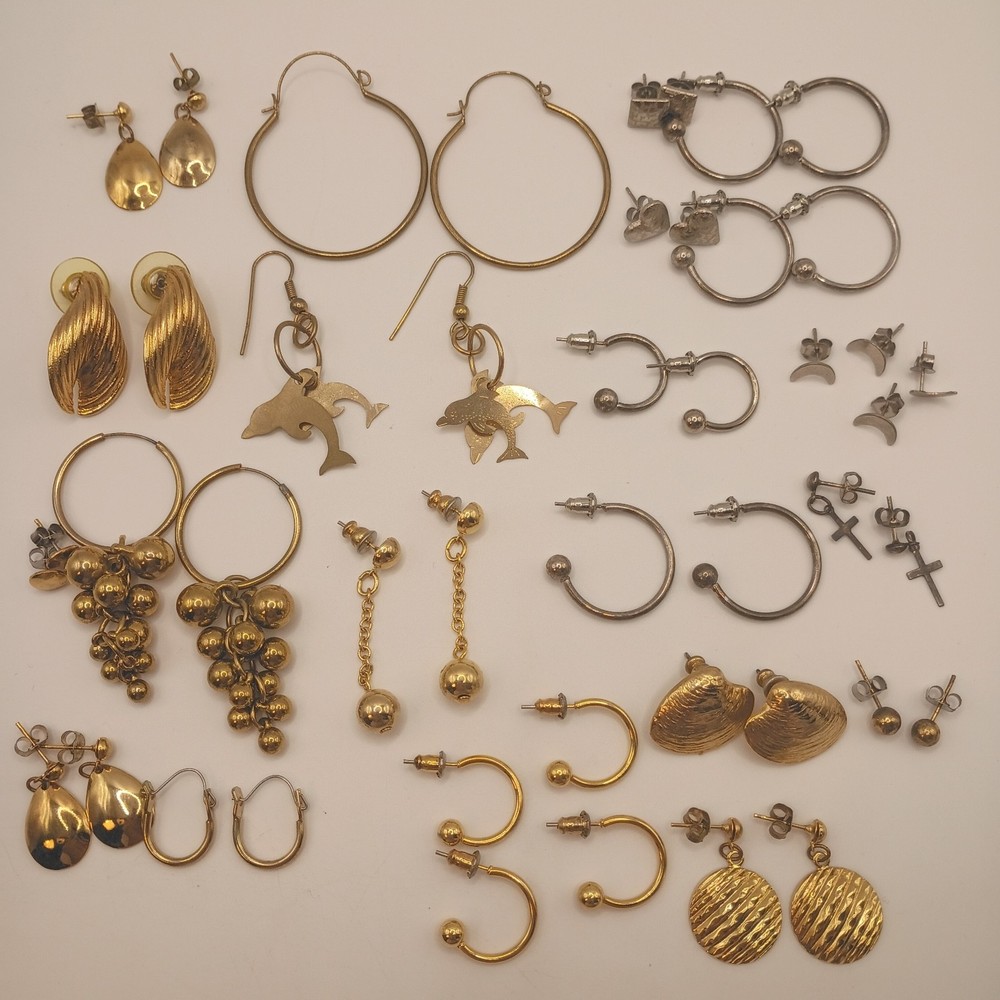 Vintage Gold and Silver Tone Earrings Lot Hoops Studs Dangles 80s 90s READ