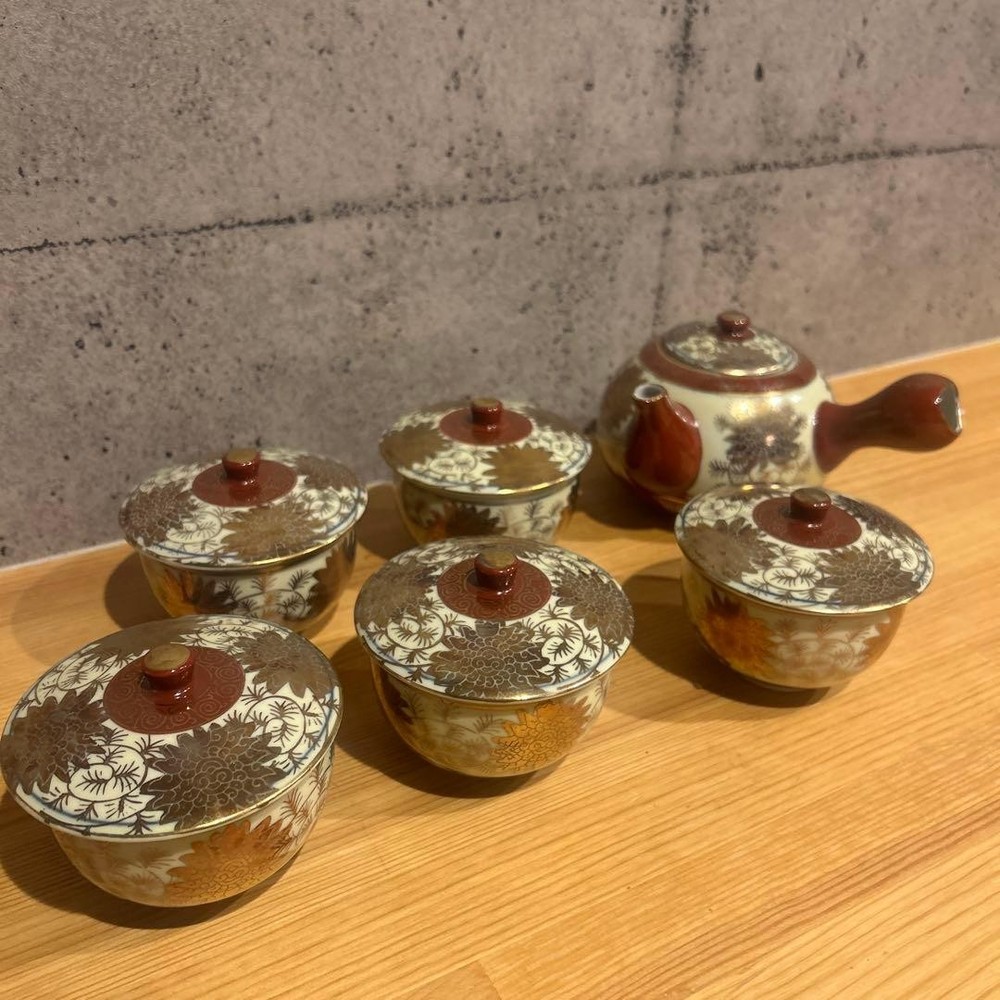 Kutaniyaki Eiraku Kutani Ware Teapot Set 5 Assorted Red Gold Tea Cups and Teaz