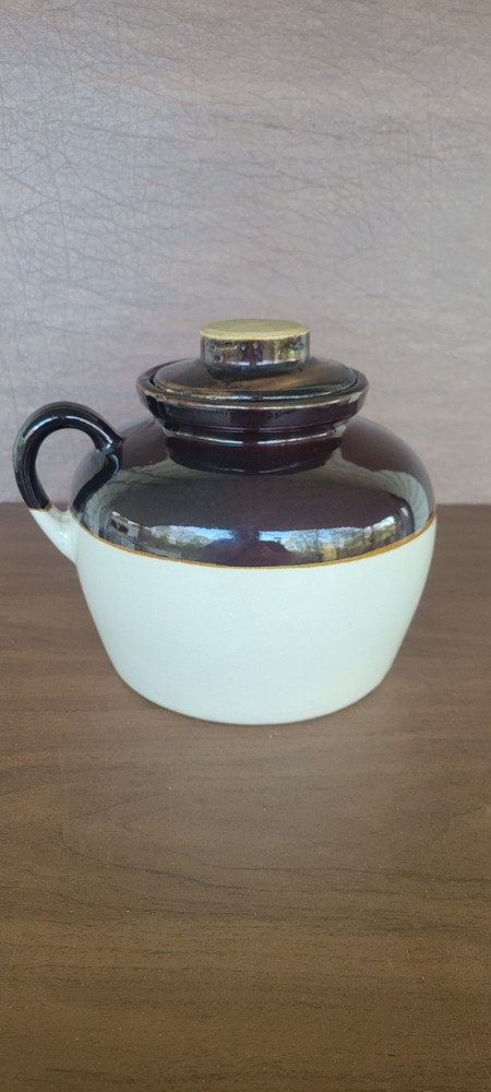 Vintage Two Tone Stoneware Crock Bean Pot Crock Stamped USA With Lid