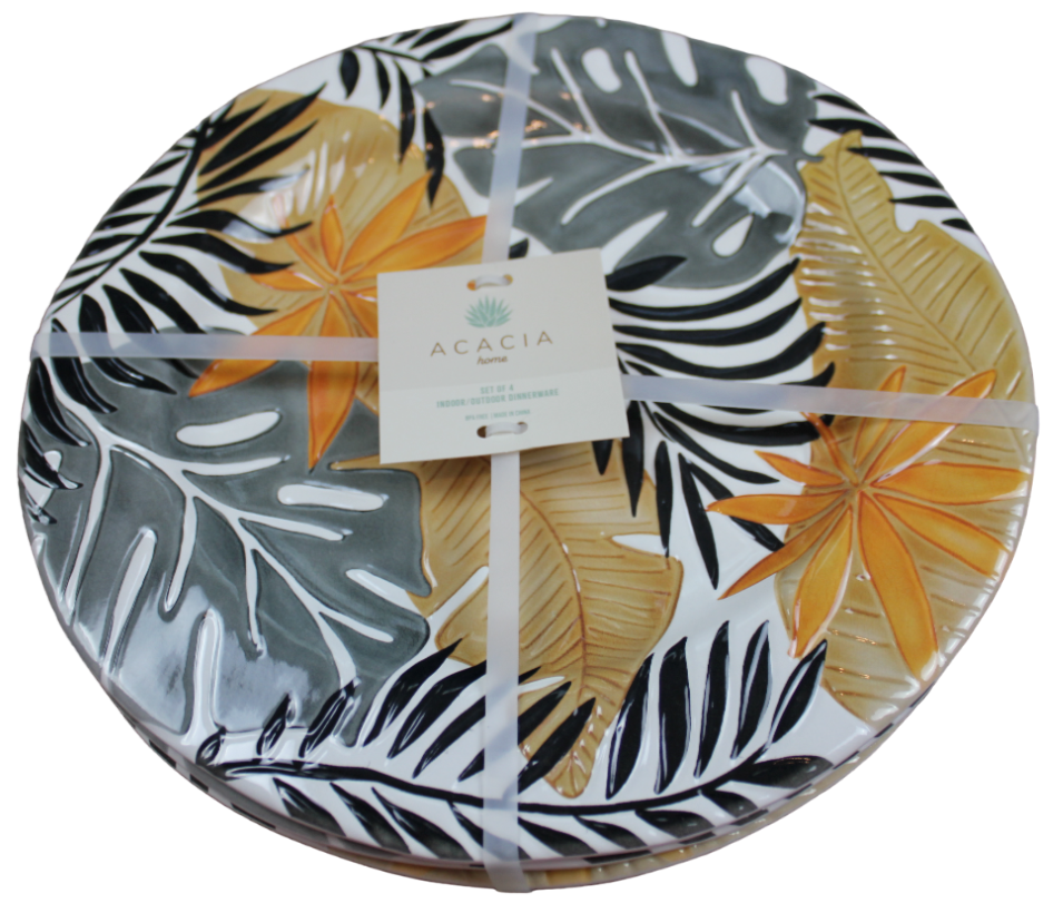 Acacia Home Melamine Dinner Plate Set 4 Tropical Leaf Black Gray Orange 11