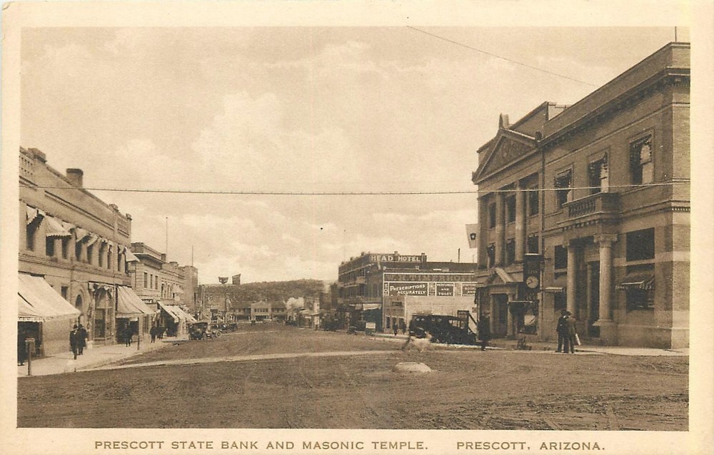 1920s Prescott Arizona State Bank Masonic Temple Brisley Postcard 26-3871