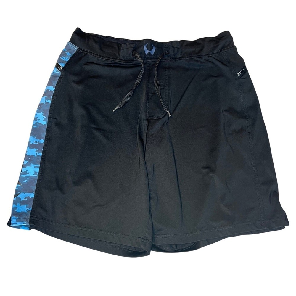 Hylete Mens Training Shorts Black Blue Digital Camo Above Knee Stretch Medium