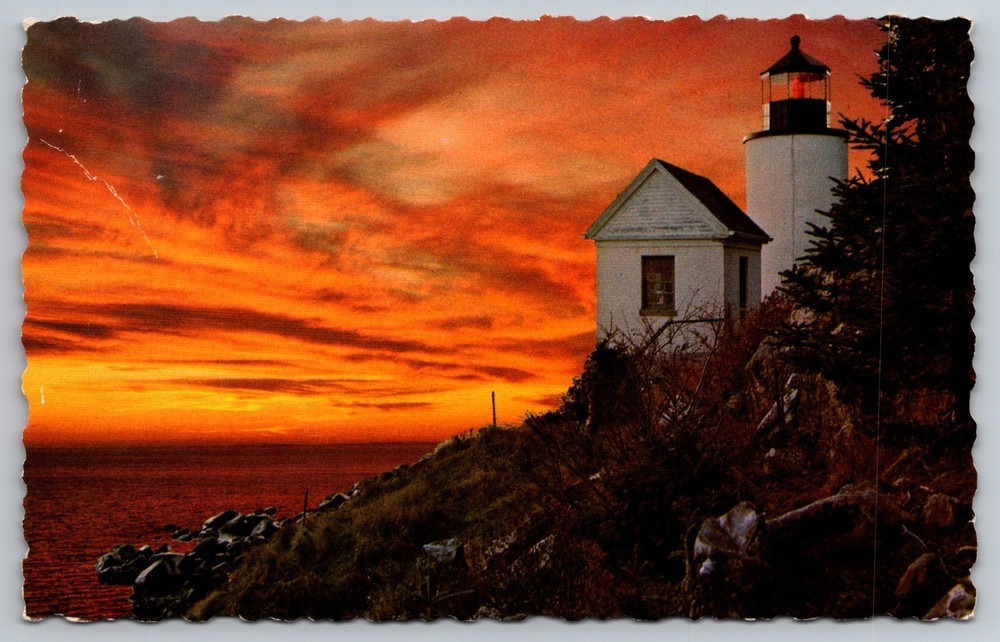 Mount Desert Island, Maine - Sunset Bass Harbor Lighthouse - Chrome Postcard F
