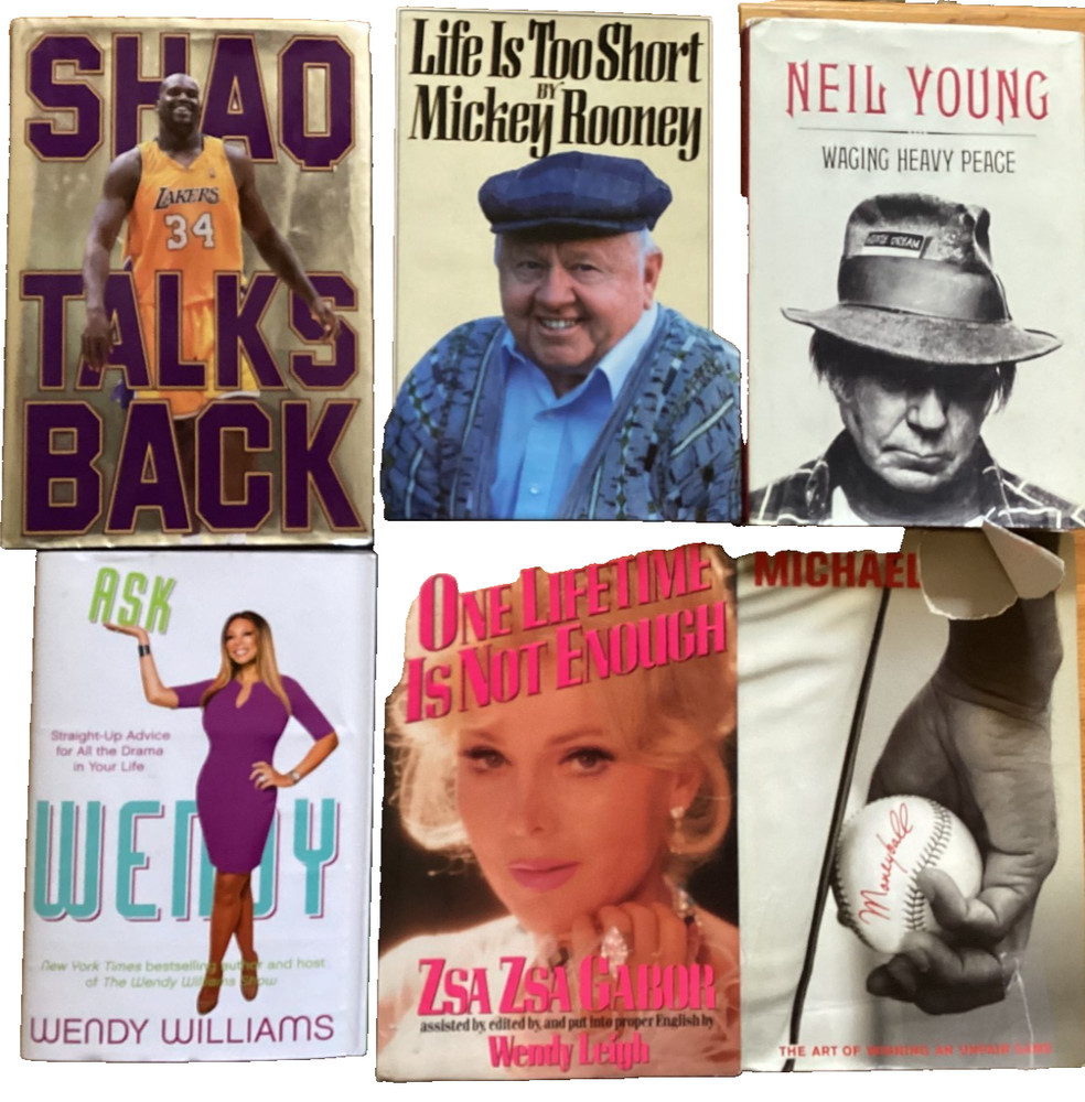 Lot Six Autographed Damaged Books Neil Young Mickey Rooney Shaq Zsa Zsa Gabor ++