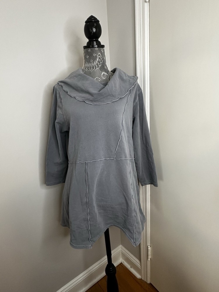 Women’s Grey Cowl Neck. Lettuce Exposed Seam. Pullover Tunic Sweater.