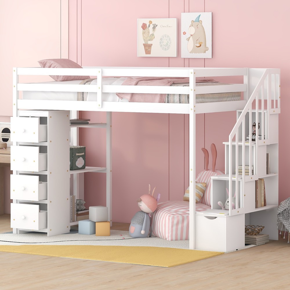 Twin Wooden Loft Bed with Storage Drawers, Shelves & Stairs  
