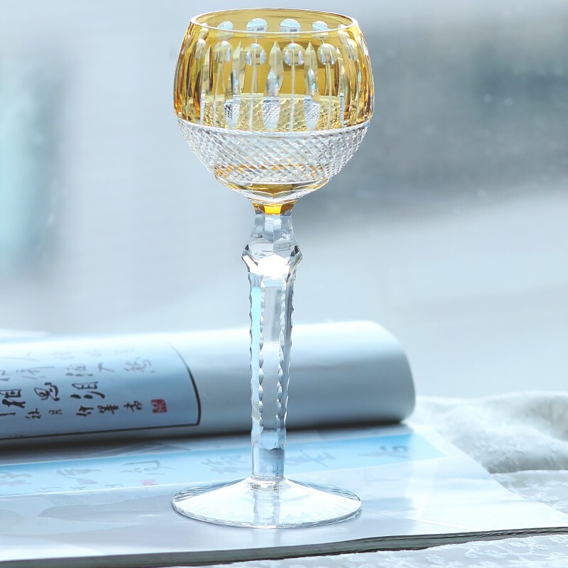 Bohemian Style Yellow Wine Goblet Glasses Hand Cut To Clear Stemware