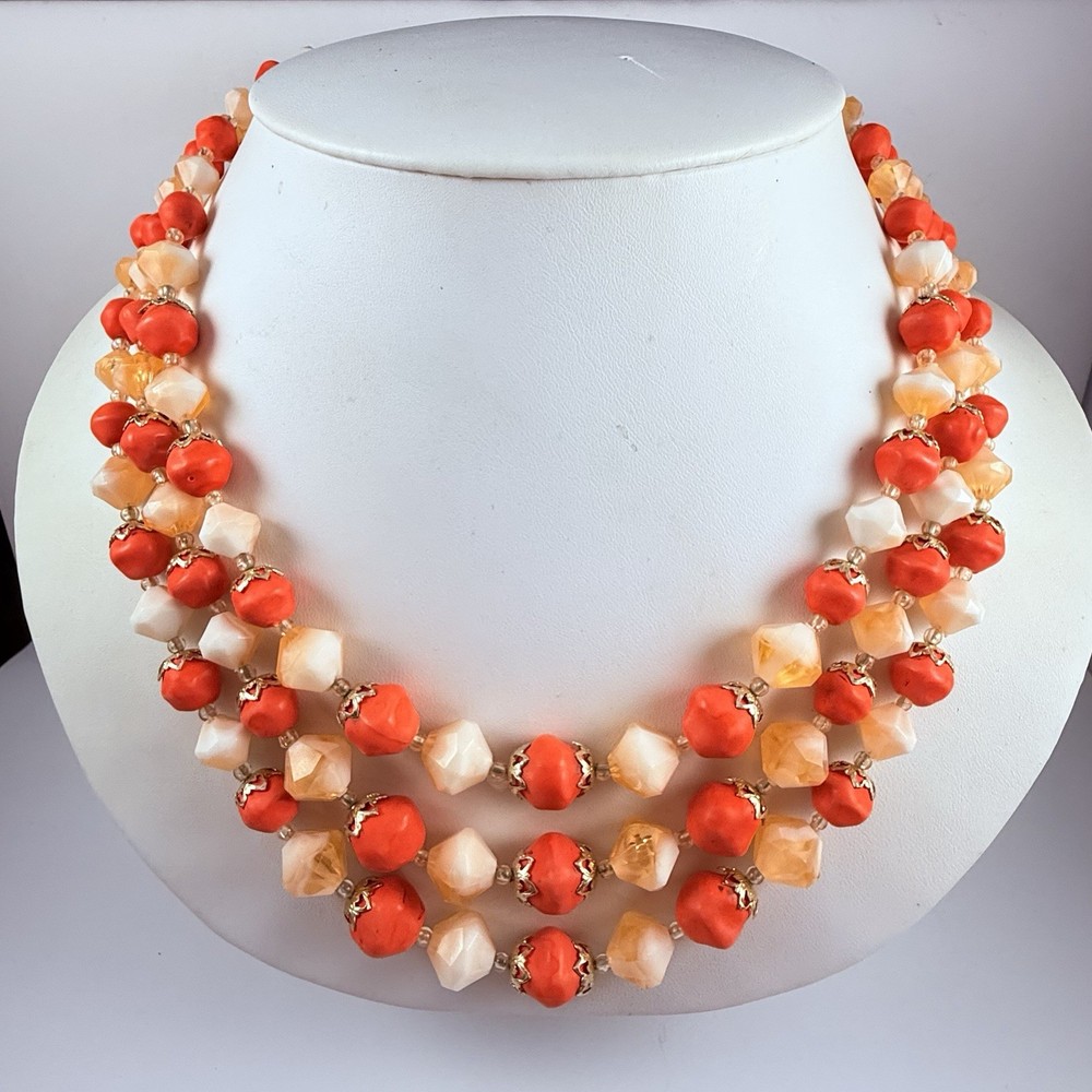 Vintage Bright Orange Plastic Beaded Hong Kong Multi Strand Necklace 19