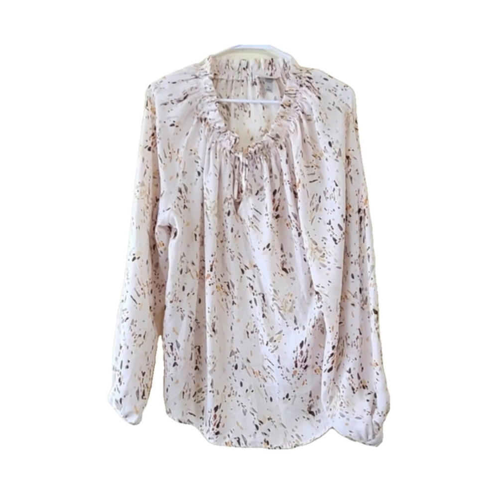 Women’s White Multicolor Abstract Tie Neck Ruffle Long Sleeve Blouse XL