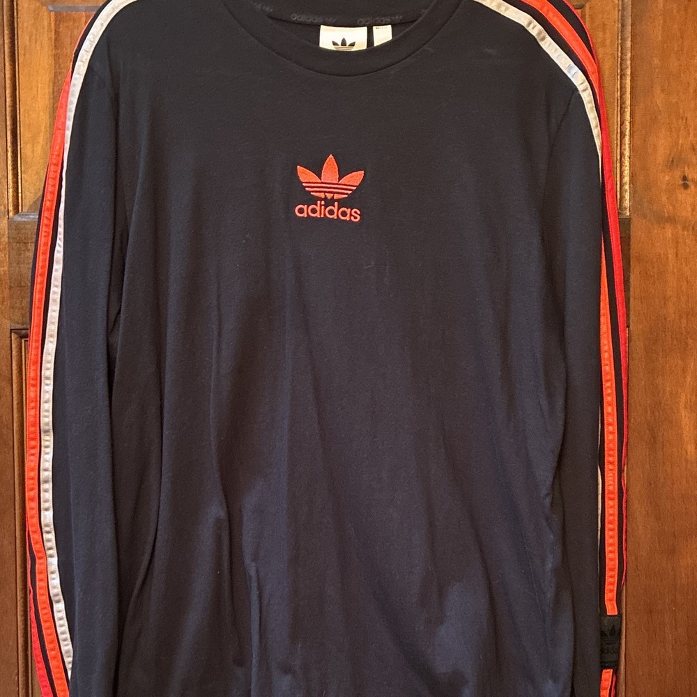 adidas Mens L Black Long Sleeve Crew Neck T-Shirt Red Trefoil Logo Striped