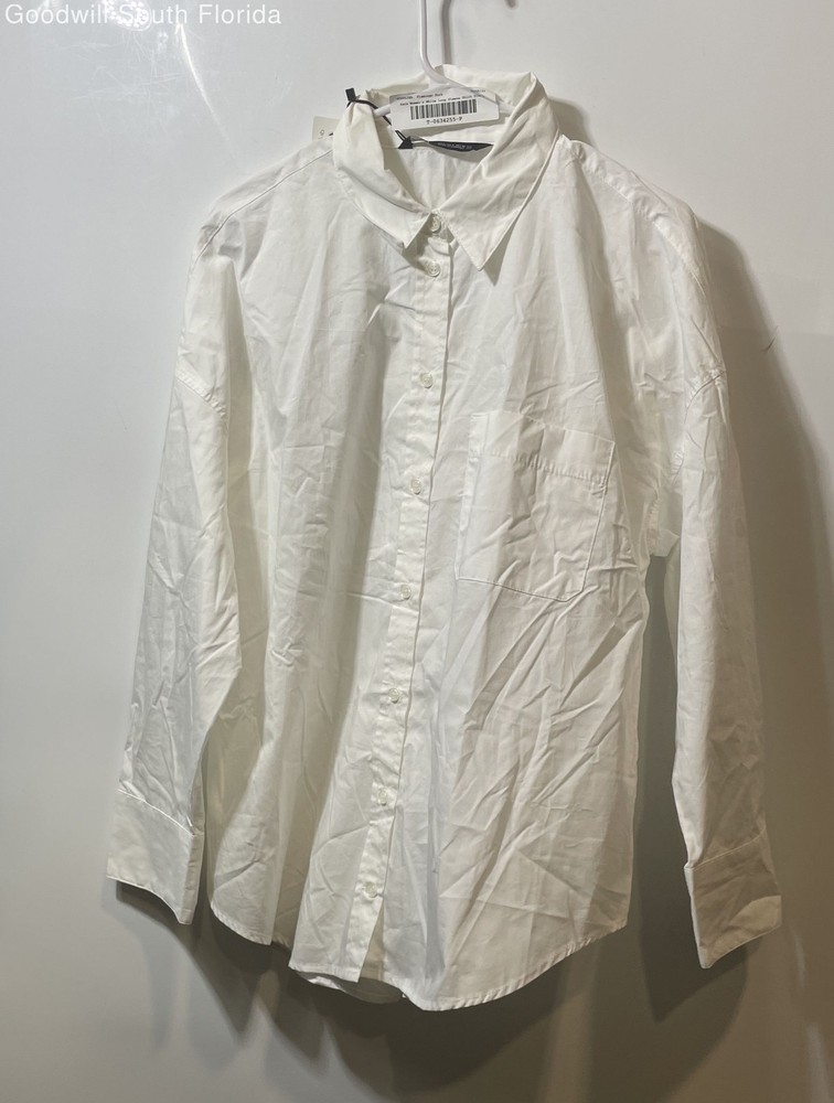 Zara Womens White Cotton Collared Long Sleeve Button-Up Shirt Size Large