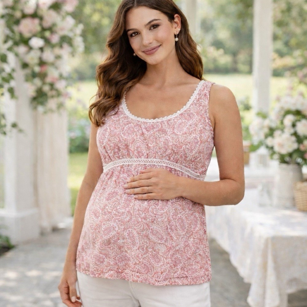 Motherhood Maternity Size M Pretty Sleeveless Top Tank Pink Peach Paisley Fairy