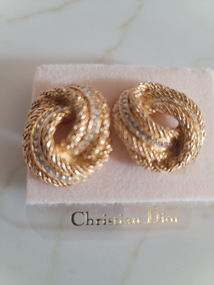 Vintage Christian Dior Crystal Twisted Rope Gold tone Clip on Earrings