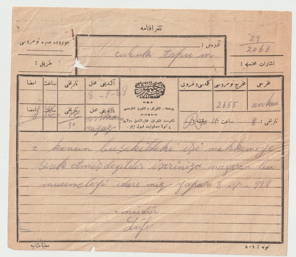 Rare 1929 Turkish Telegram - Ottoman Script Printed Form - Early Republic Era