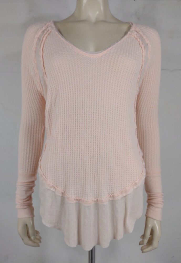 We The Free peach pink long sleeve scoop V-neck blouse for women in XS