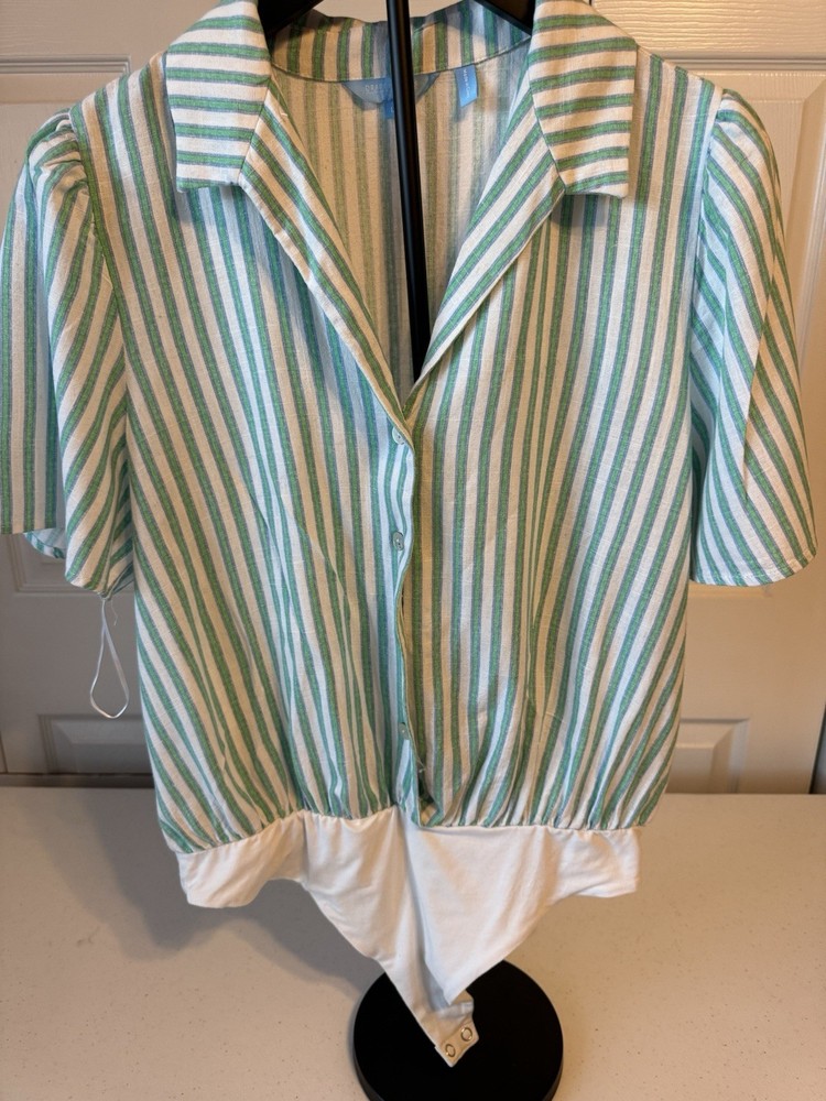 Draper James RSVP Top Womens Large Green Striped Bodysuit Linen Blend Preppy