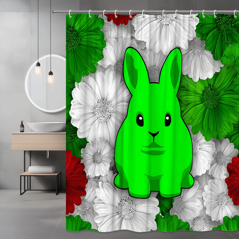 Green Bunny Floral Shower Curtain Cute Cartoon Print