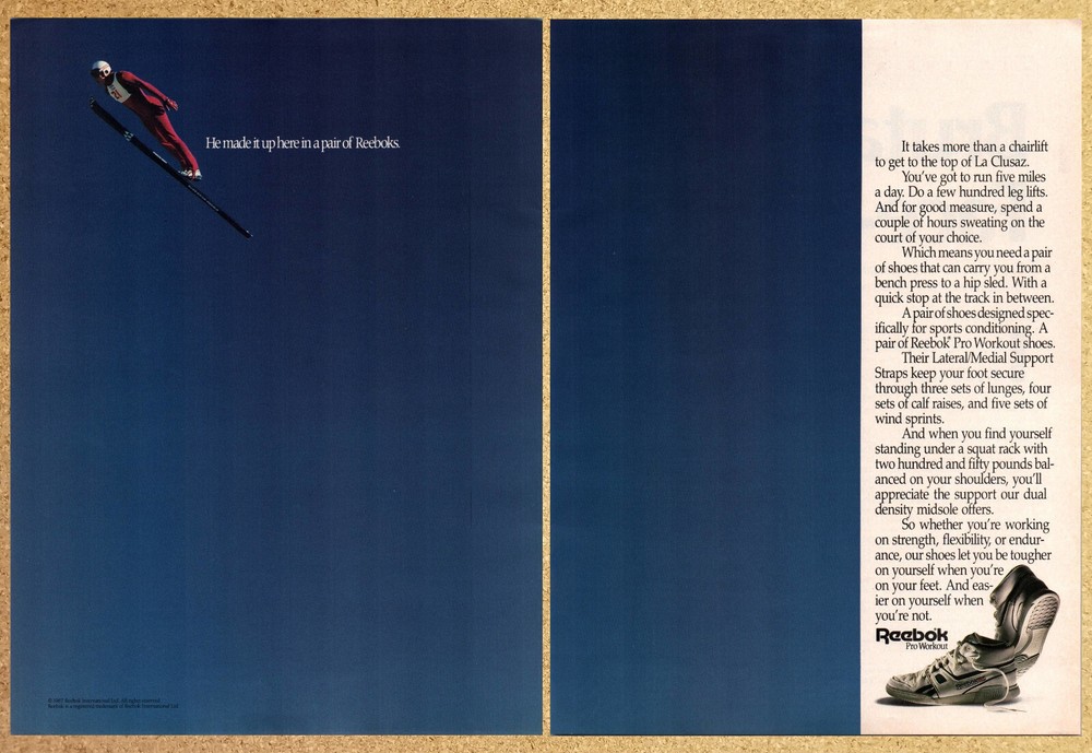 Reeboks La Clusaz Ski Jump Pro Workout -2 Page Vintage Print Ads Poster Art 1987