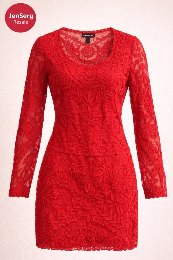 Express Red Lace Floral Sheath Dress Long Sleeve Scoop Neck Size M