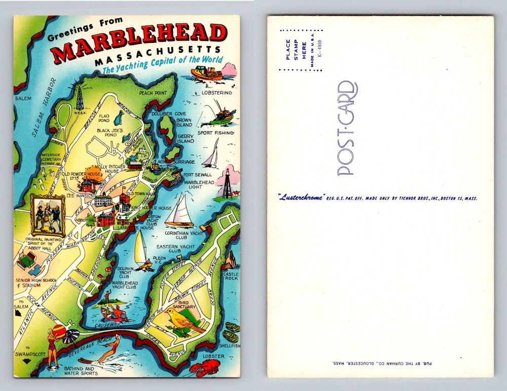 Marblehead, MA-Massachusetts, Cartoon Harbor Yachting Map Vintage Postcard