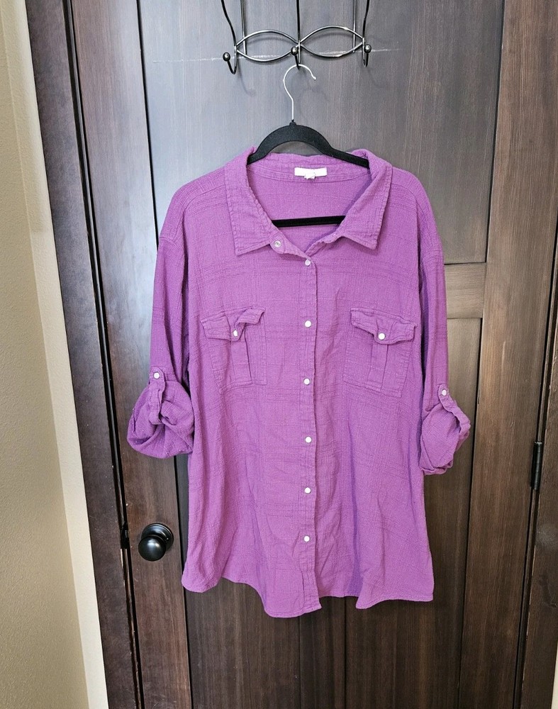 Plus Size Purple Muslin Snap Blouse with Roll-Tab Sleeves 4X