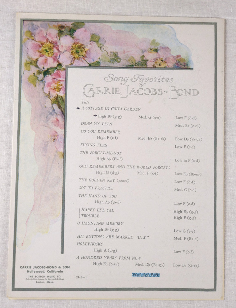 A Cottage in God's Garden Carrie Jacobs-Bond Song Favorites Sheet Music